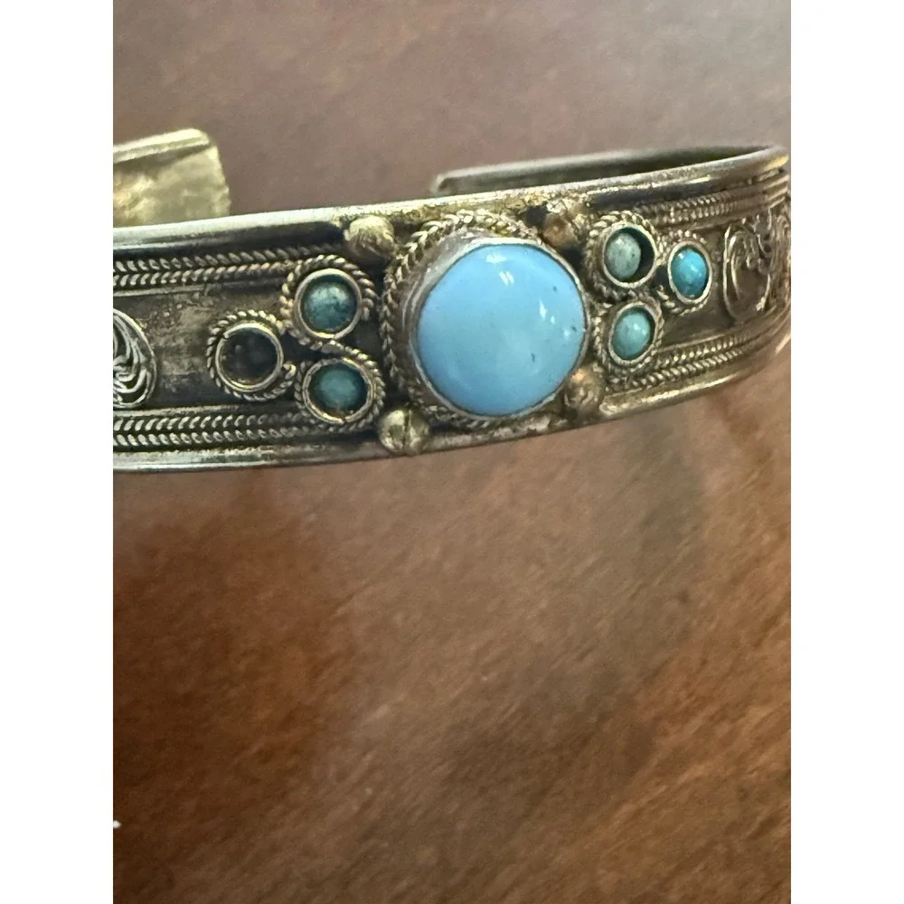 Bracelet Vtg Turquoise‎ Cuff Navajo Style Boho Tribal Engraved Blue Stones